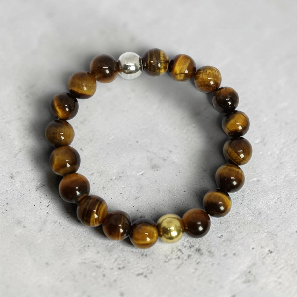 TIGER EYE 10 MM BRACELET WITH SILVER GOLD BRASS BEADS