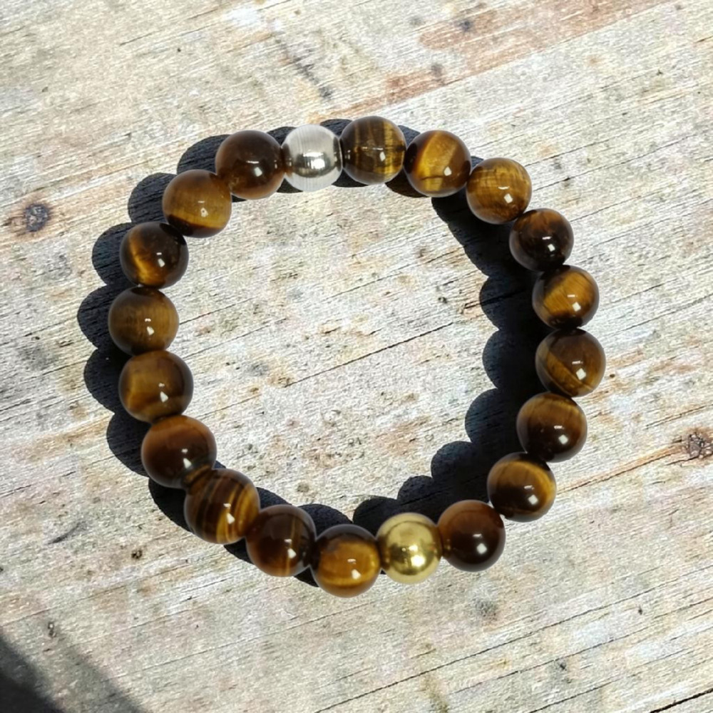 TIGER EYE 10 MM BRACELET WITH SILVER GOLD BRASS BEADS