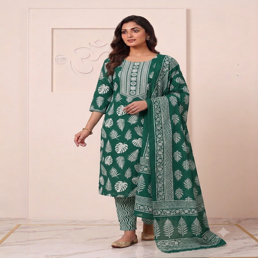 Cotton Kurti Pant Dupatta Set - Color: Green