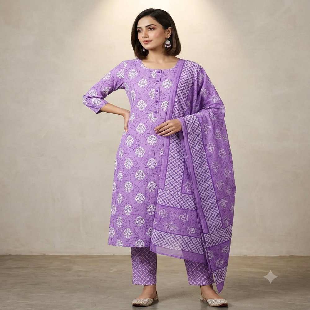 Cotton Kurti Pant Dupatta Set - Color: Green