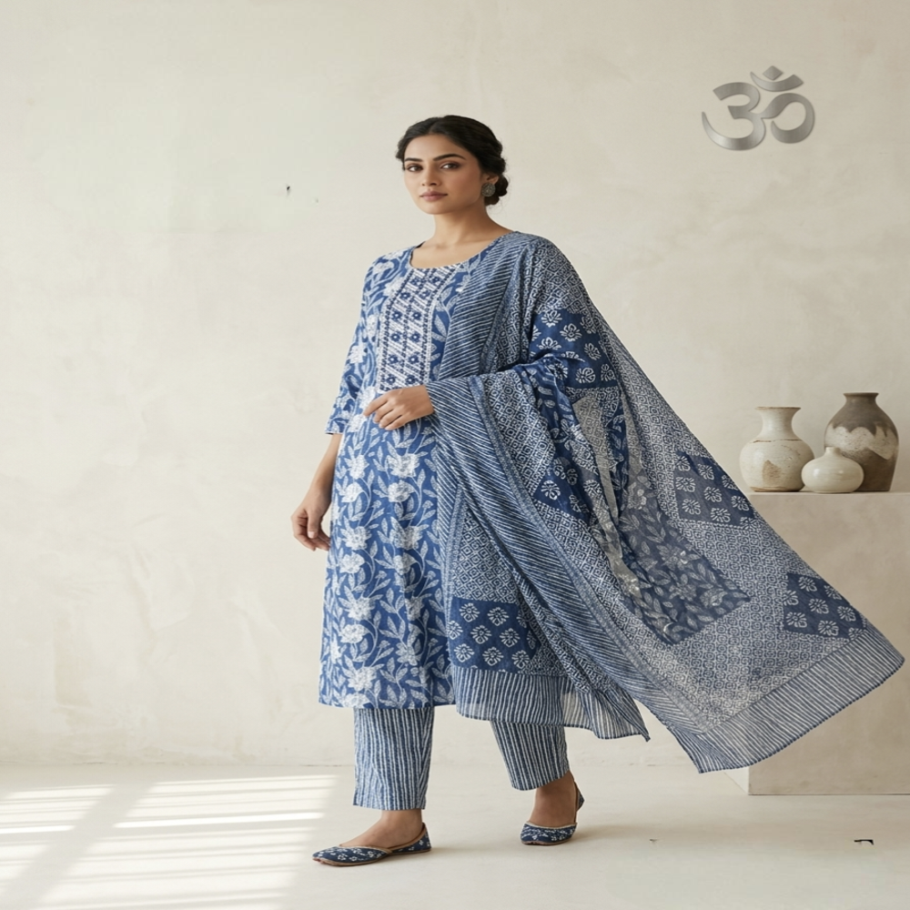 Cotton Kurti Pant Dupatta Set - Color: Green