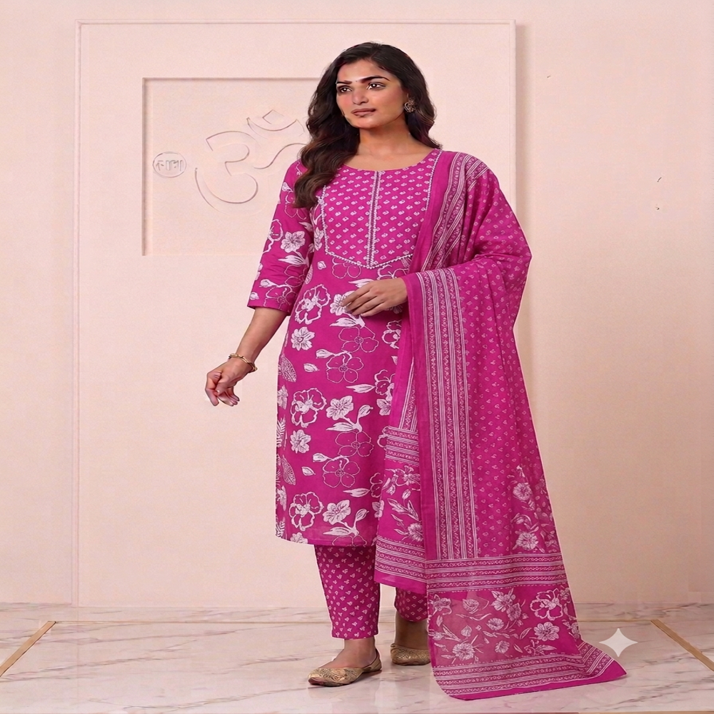 Cotton Kurti Pant Dupatta Set - Color: Green