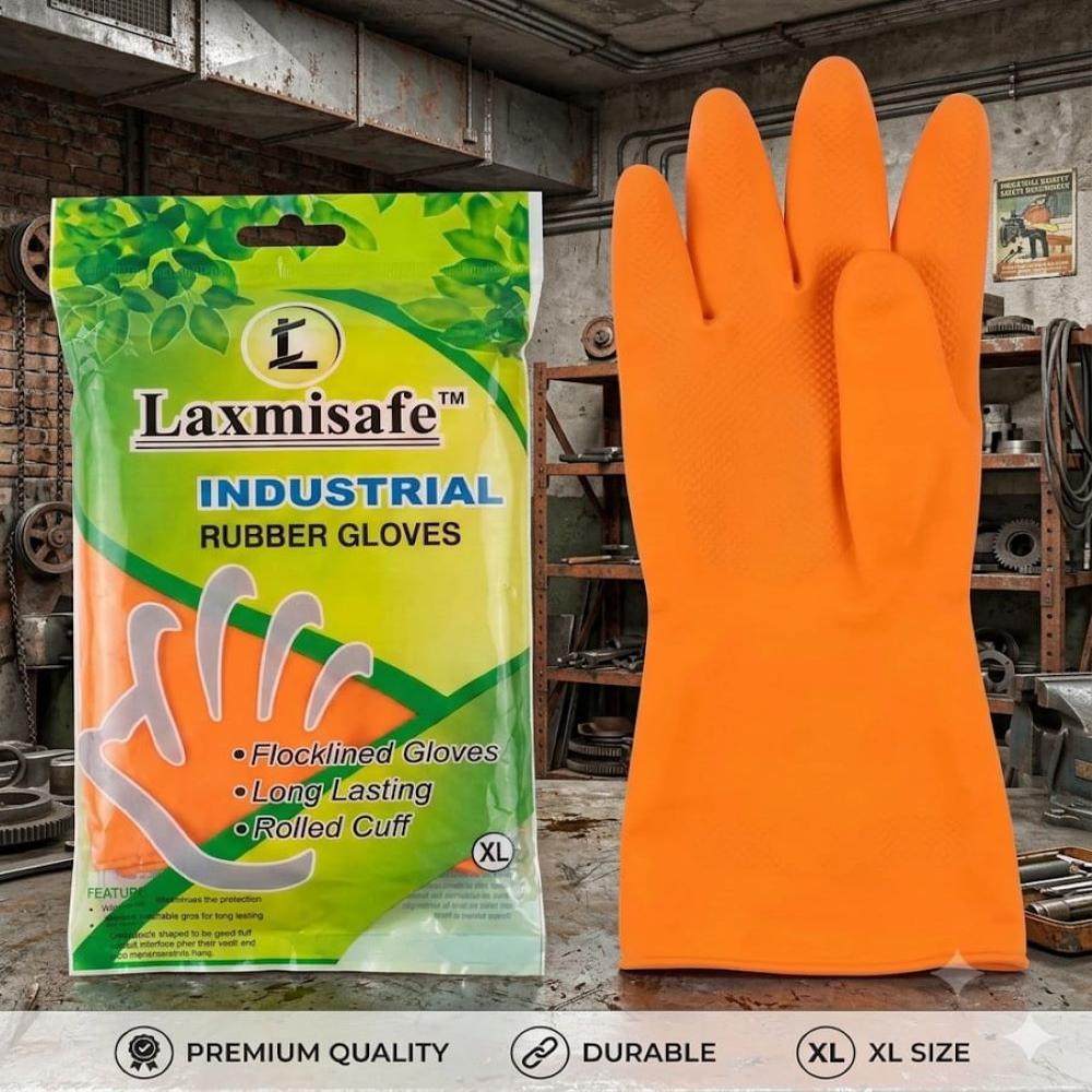 Industrial Rubber Gloves - Pure Latex Material, Orange Color, Full Finger Design | Skin Friendly, Tear Resistant, Durable Stitching, Ideal For Chemical And Mining Industries