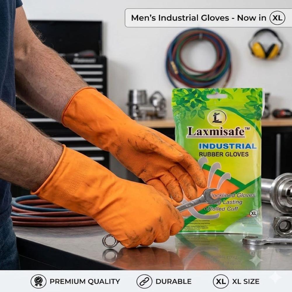 Industrial Rubber Gloves - Pure Latex Material, Orange Color, Full Finger Design | Skin Friendly, Tear Resistant, Durable Stitching, Ideal For Chemical And Mining Industries