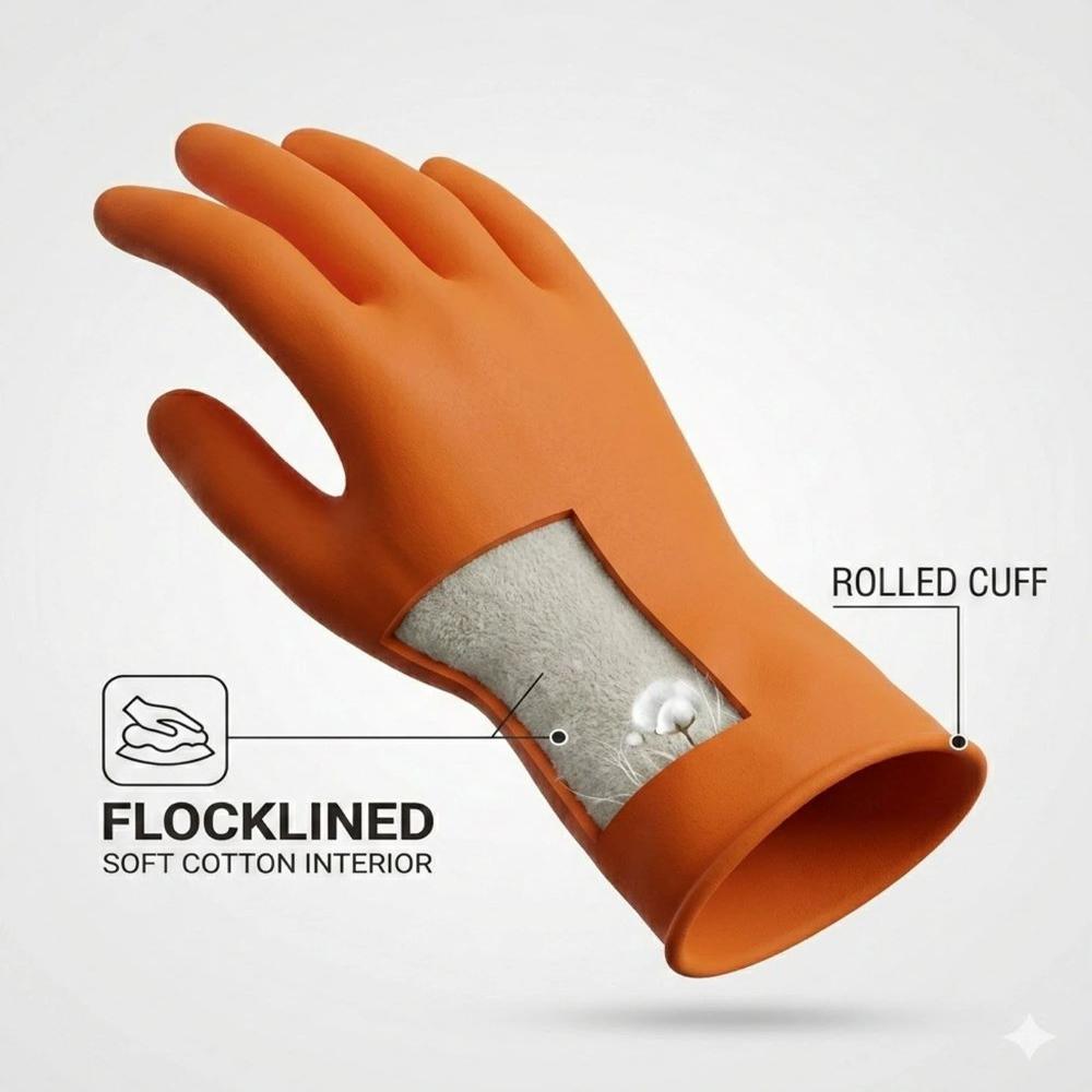 Industrial Rubber Gloves - Pure Latex Material, Orange Color, Full Finger Design | Skin Friendly, Tear Resistant, Durable Stitching, Ideal For Chemical And Mining Industries