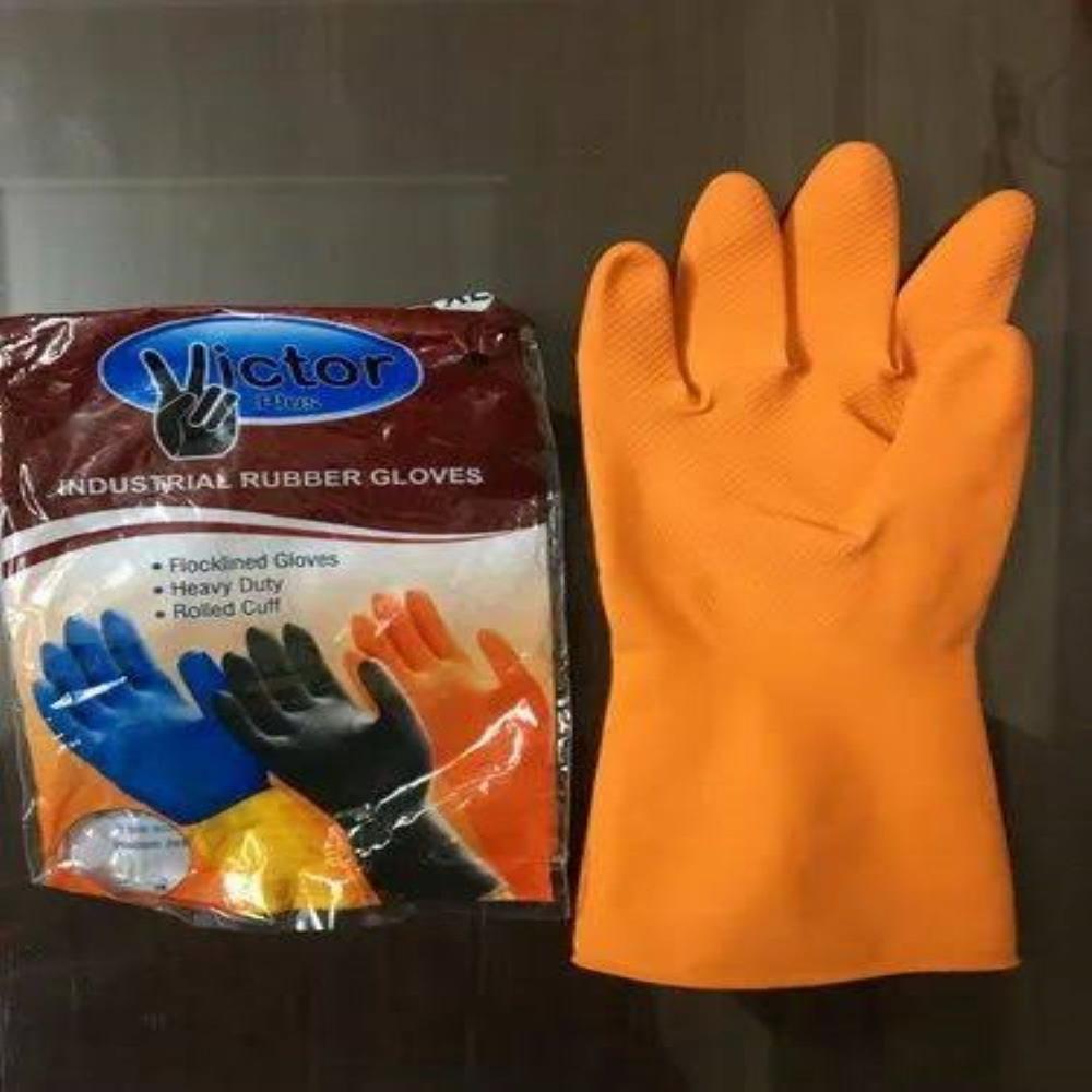 Victor Plus Orange Hand Gloves - Rubber, Thicker & Heavier With Long Cuff, Orange & Black | Integrated Non-sterile Cotton Liner, Waterproof, Washable