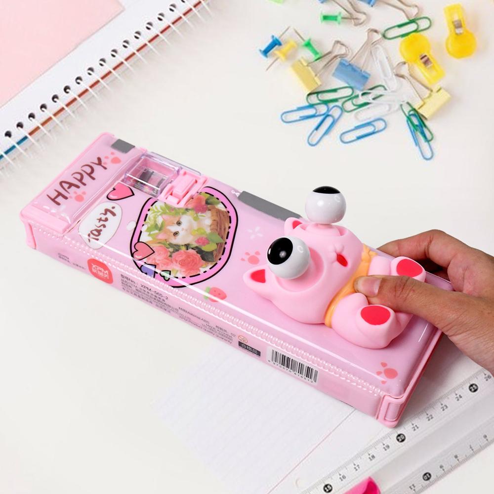 Plastic 3d Compass Box With Decompression Creative Toy - Plastic, 22x8x3.5 Cm, Pink | Multi-compartment, Built-in Sharpener, Pop Toy Lid