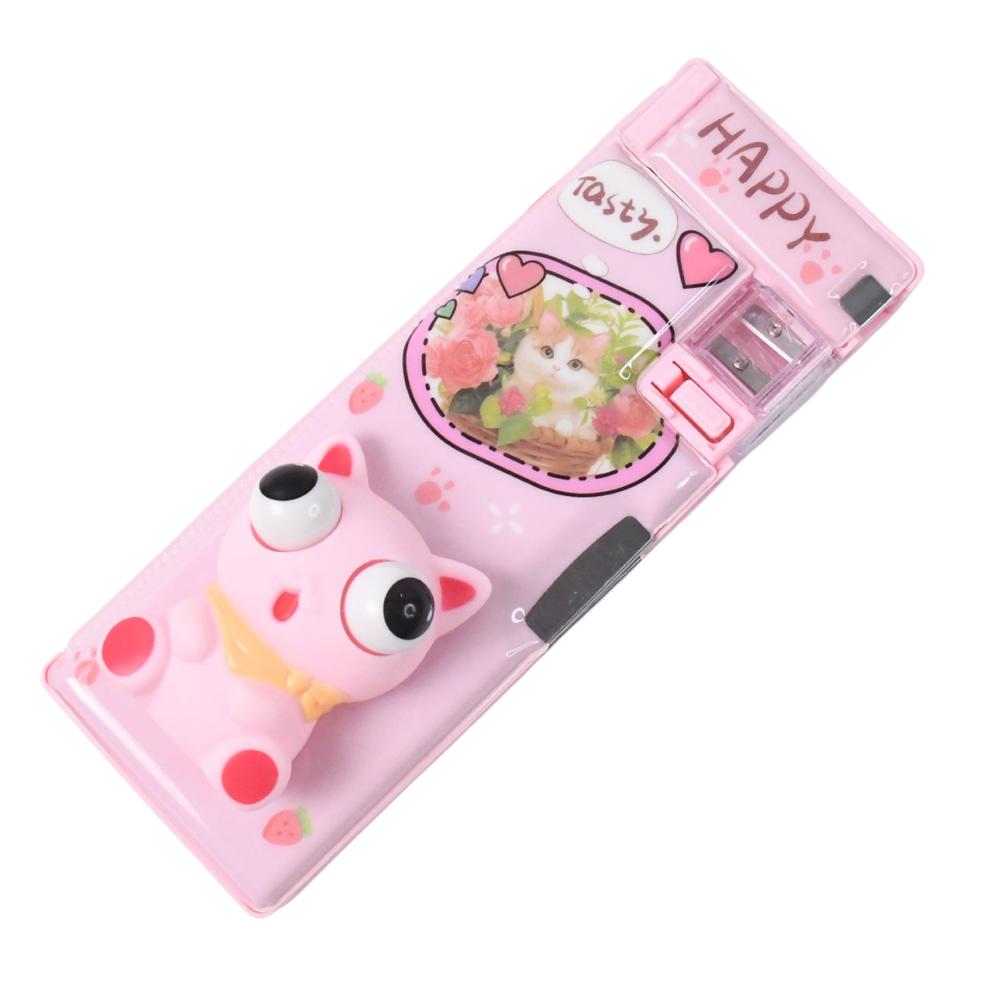 Plastic 3d Compass Box With Decompression Creative Toy - Plastic, 22x8x3.5 Cm, Pink | Multi-compartment, Built-in Sharpener, Pop Toy Lid