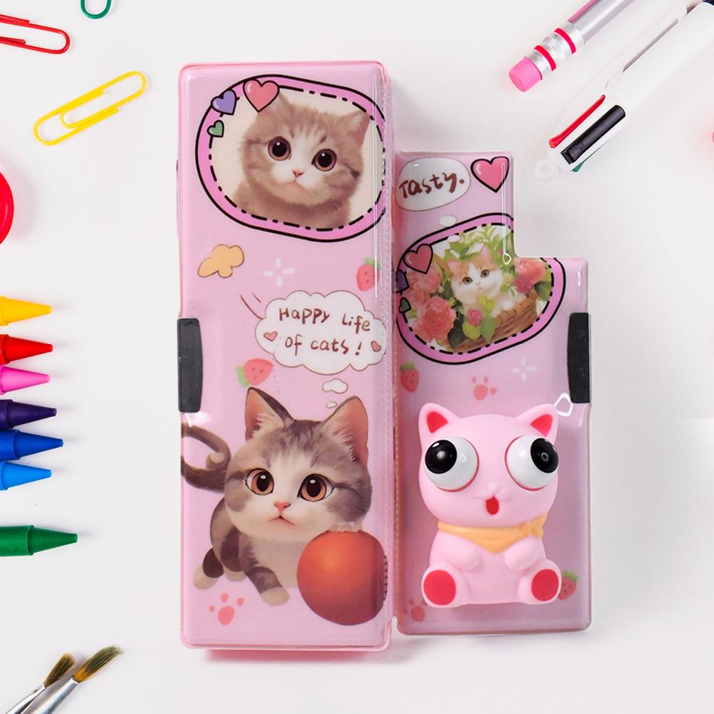 Plastic 3d Compass Box With Decompression Creative Toy - Plastic, 22x8x3.5 Cm, Pink | Multi-compartment, Built-in Sharpener, Pop Toy Lid