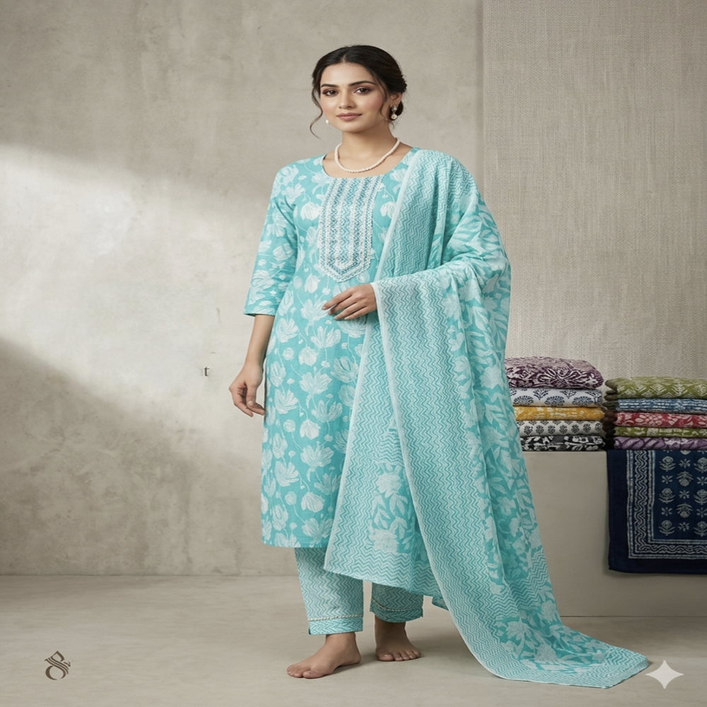 Cotton Kurti Pant Dupatta Set - Ethnic Region: Indian