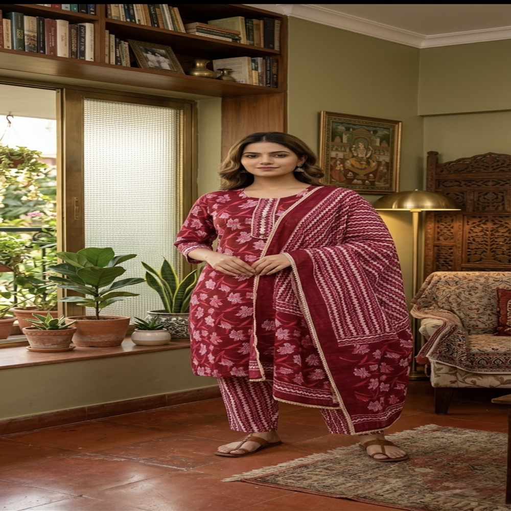 Cotton Kurti Pant Dupatta Set