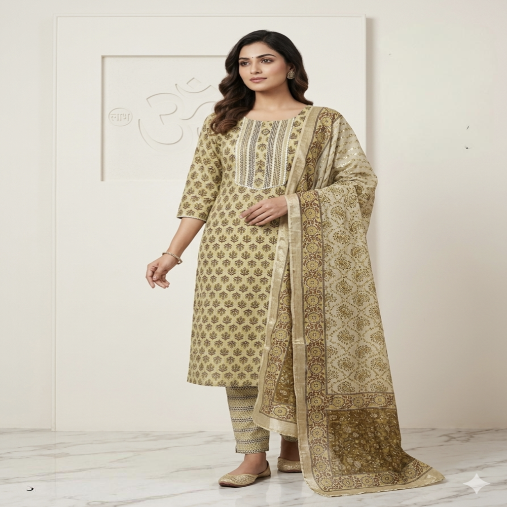 Cotton Kurti Pant Dupatta Set