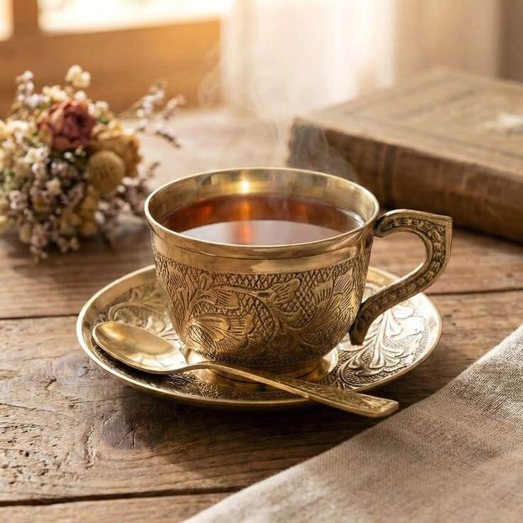 Brass Tea Cup Saucer Set - Color: Metalic
