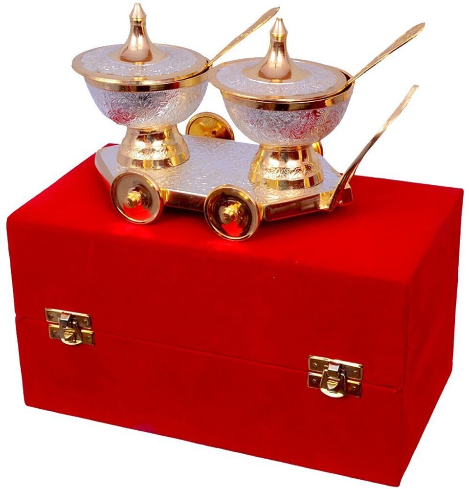Brass Trolley Set - Brass with Gold & Silver Plating, 8-10 Inch Rectangular Base, Traditional Engraved Design, Velvet Gift Box