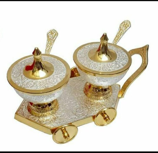 Brass Trolley Set - Brass With Gold & Silver Plating, 8-10 Inch Rectangular Base, Traditional Engraved Design, Velvet Gift Box