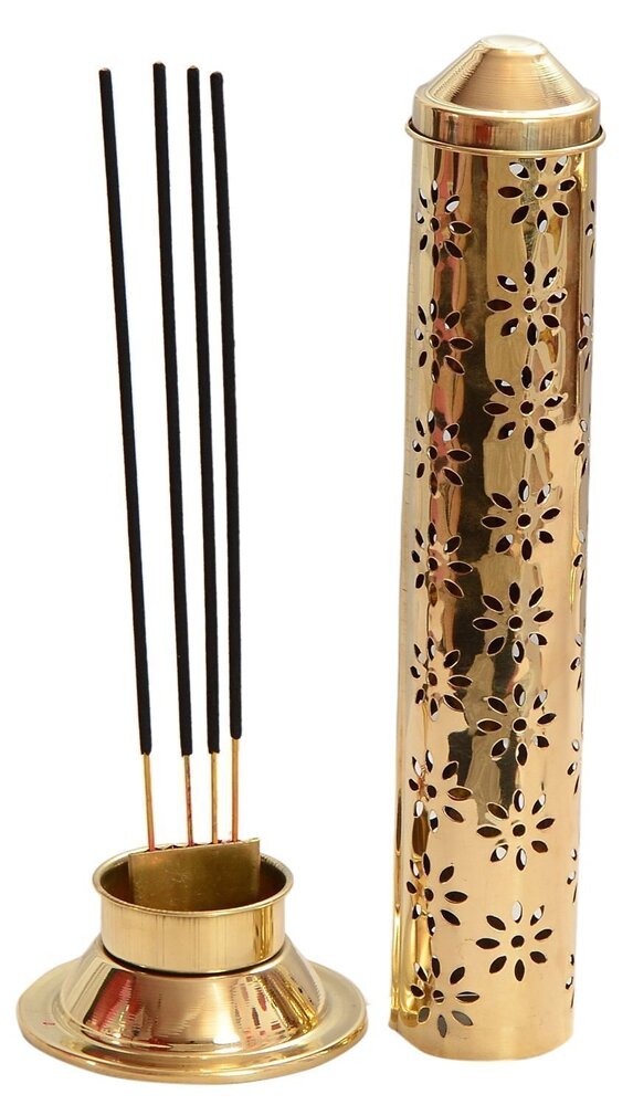 Brass Agarbatti Stand - Brass, 20-25 cm Height, Golden | Floral Perforated Design, Removable Dome Lid, Holds 4-5 Incense Sticks