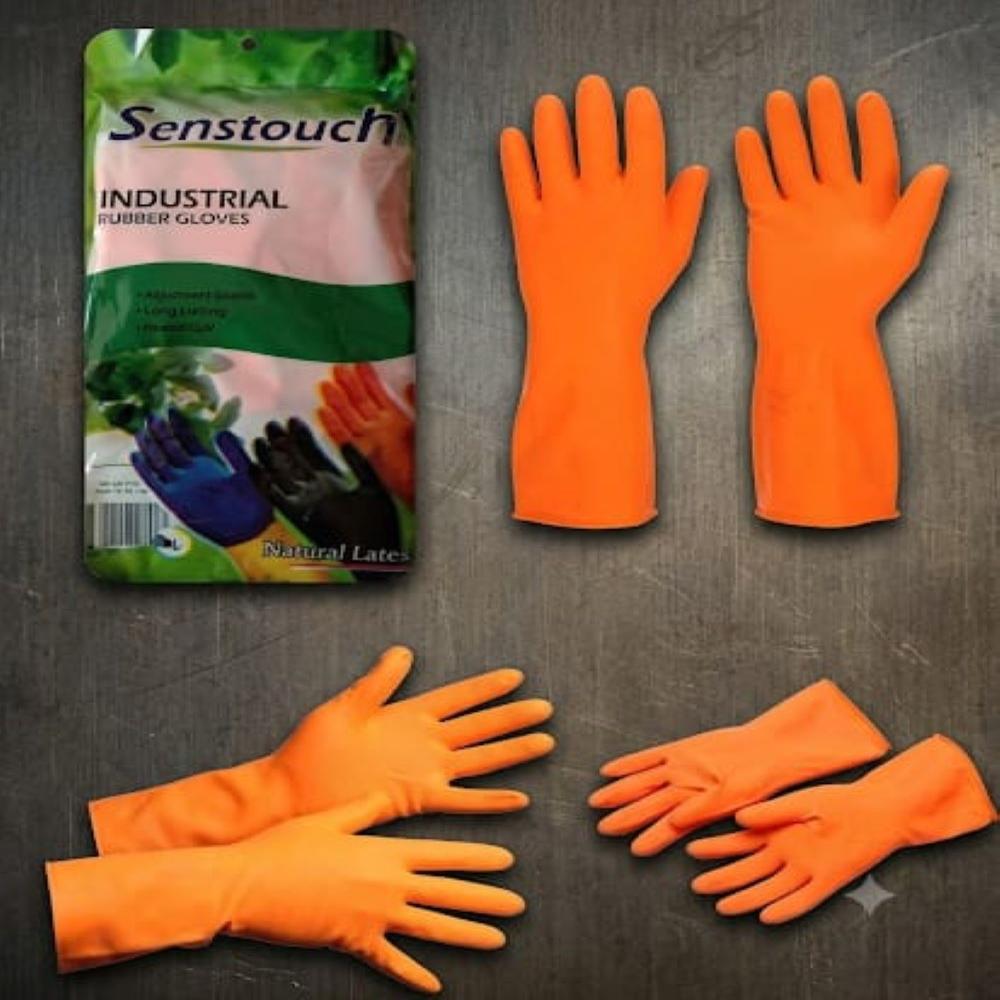 Senstouch Rubber Gloves - Rubber Material, Full Finger Style, Orange Color | Unisex, Chemical Resistant, Washable, Ideal For Industrial And Laboratory Use