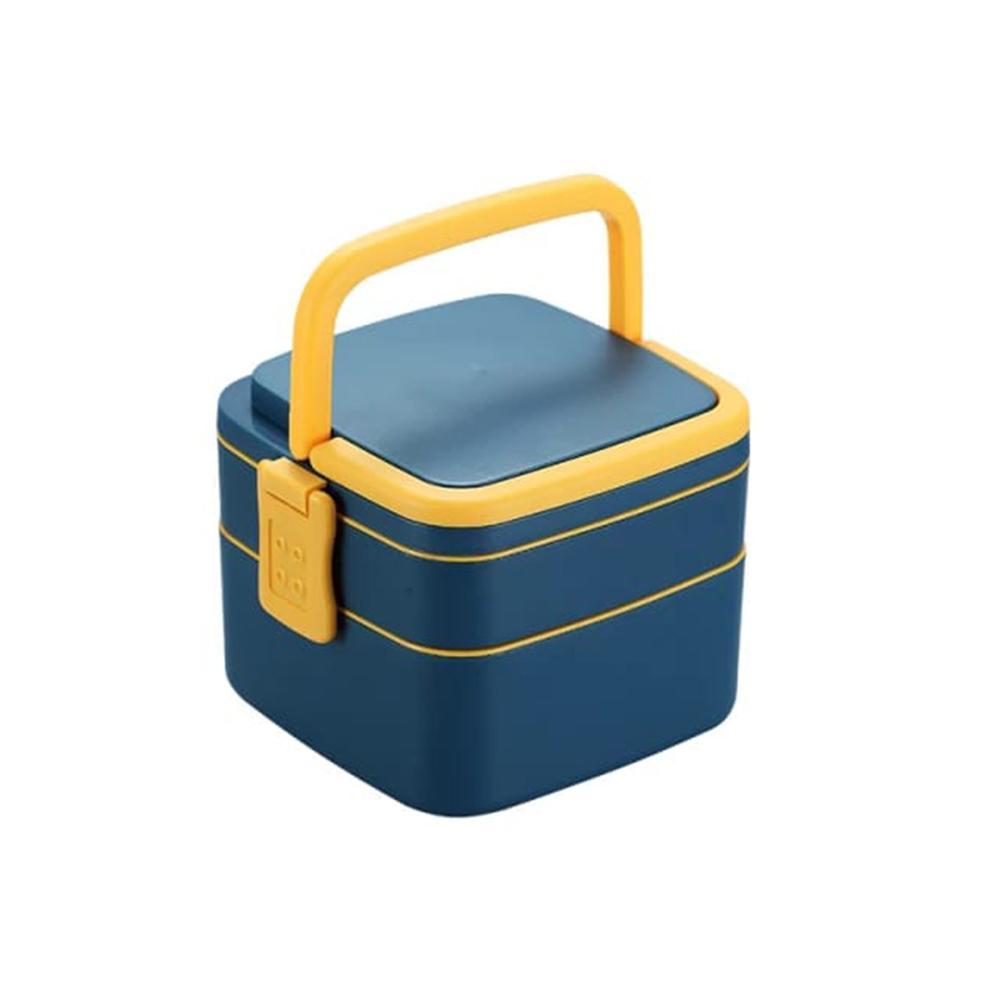 Blue Double-Layer Portable Bento Lunch Box Stackable with Handle & Spoon