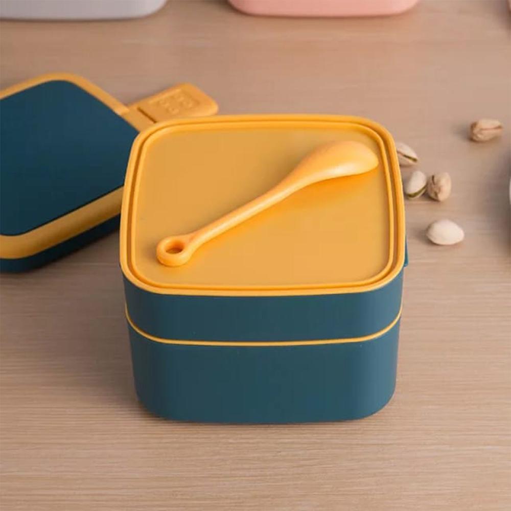 Blue Double-Layer Portable Bento Lunch Box Stackable with Handle & Spoon