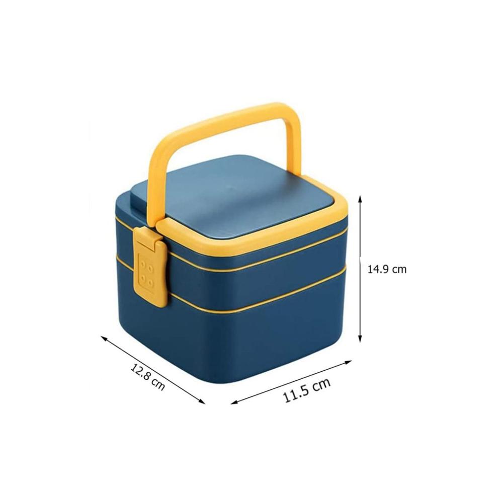 Blue Double-Layer Portable Bento Lunch Box Stackable with Handle & Spoon