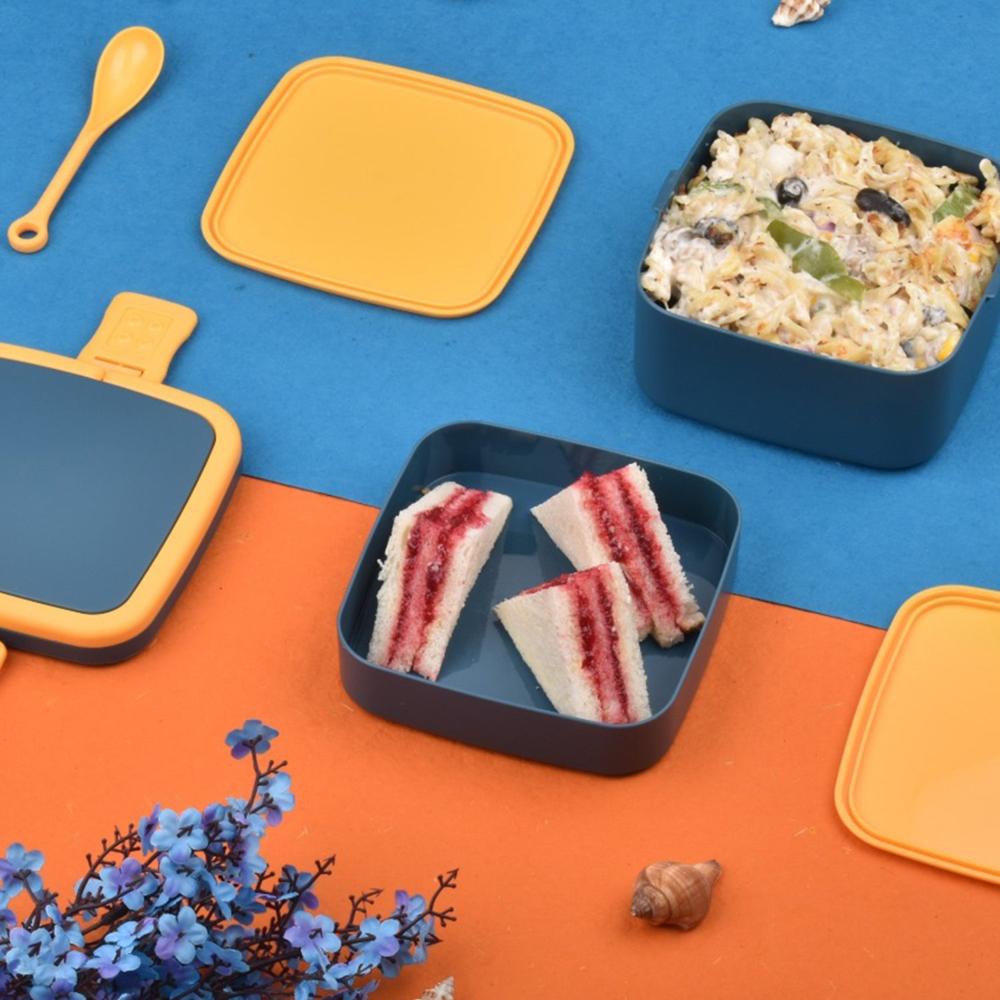 Blue Double-Layer Portable Bento Lunch Box Stackable with Handle & Spoon