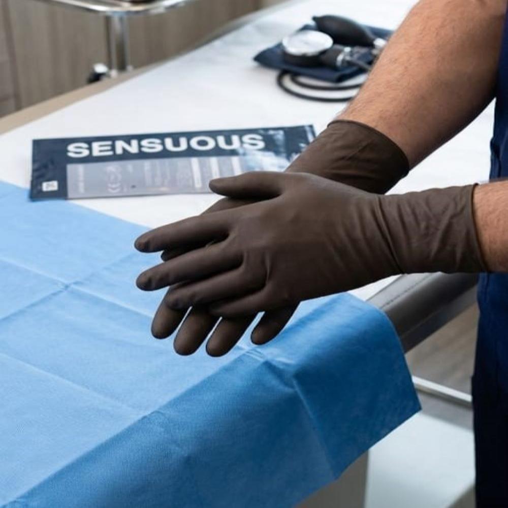 Sensuous Rubber Gloves - Pure Latex, Various Sizes , Black Color, Full Finger Style, Interlock Lining, Tear Resistant, Durable Stitching
