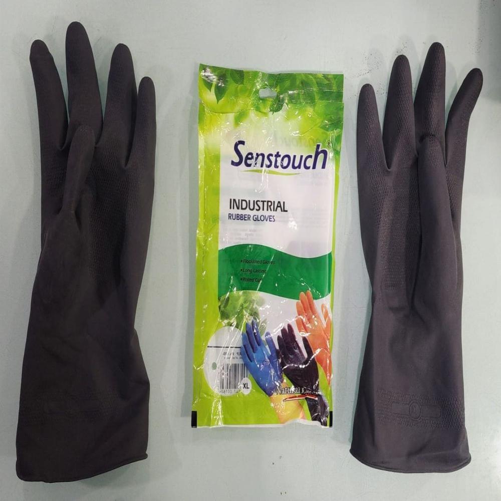 Senstouch Black Rubber Gloves - Pure Latex Material, Full Finger Style, Rubber Palm With Interlock Lining | Ideal For Industrial, Chemical & Laboratory Use