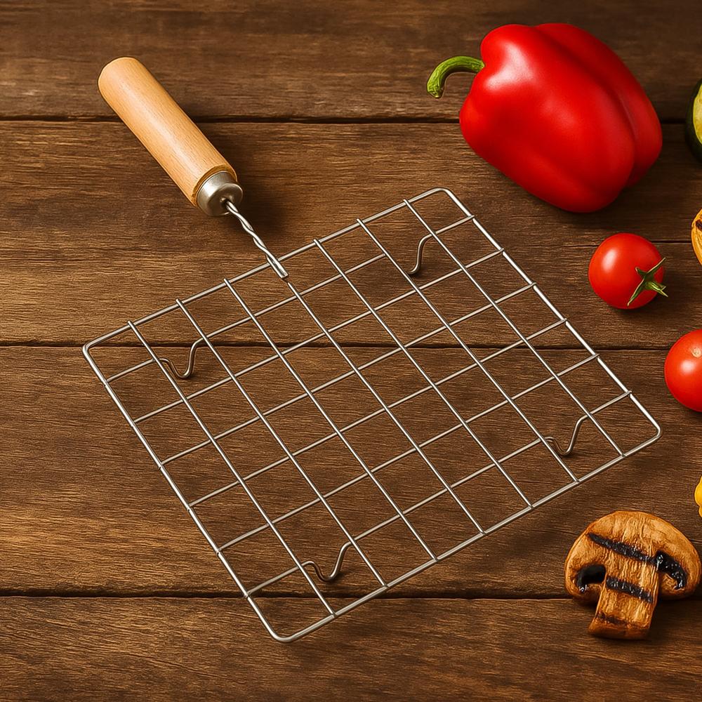 Stainless Steel Square Papad Jali, Barbecue Grill Rack With Wooden Handle (1 Pc) - Color: Home & Kitchen