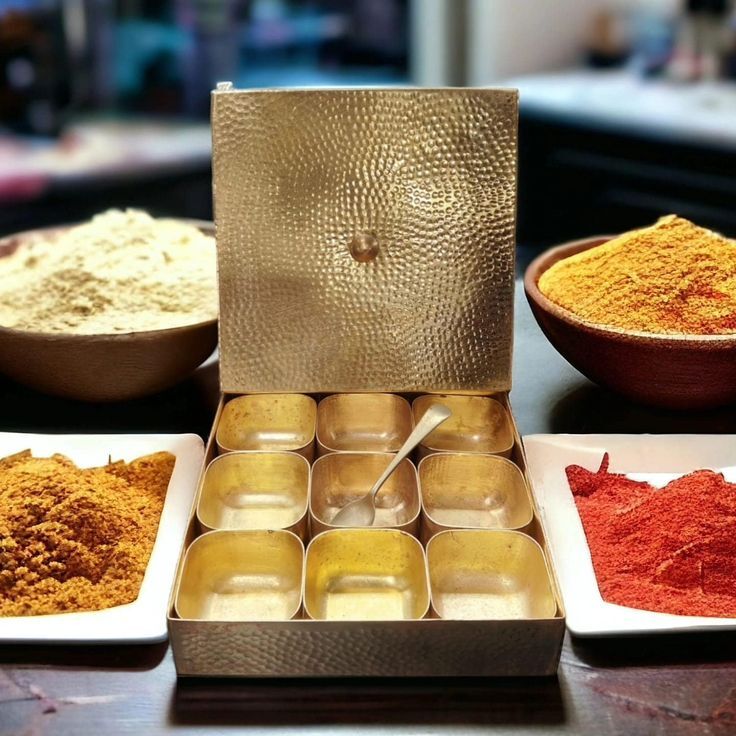 Brass Masala Box - Pure Brass, 8x8 Inches, Polished Brass, 9 Compartments, Hinged Lid with Knob, Includes Brass Spoon