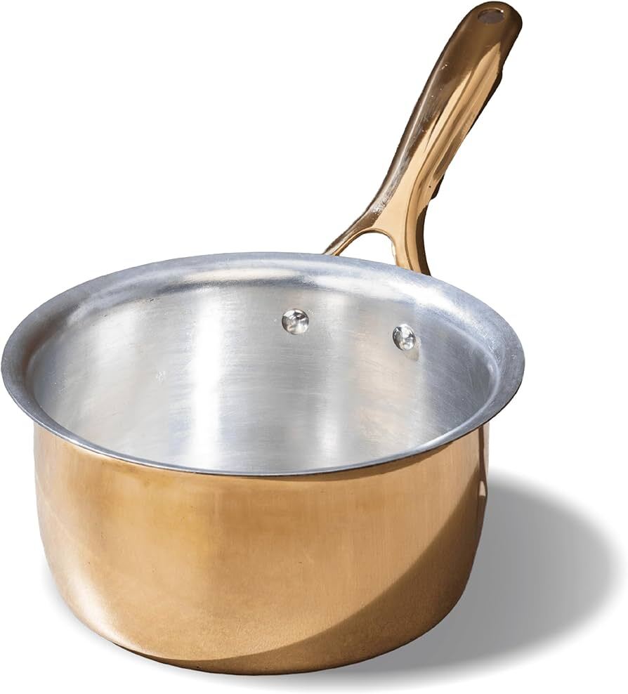 Brass Sauce Pan - Brass, Medium (1-2L), Golden Exterior Silver Interior, Oven Safe, Induction Compatible