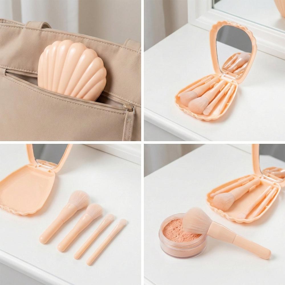 5 in 1 Makeup Brush Set with Mirror Box Compact Cosmetic Kit