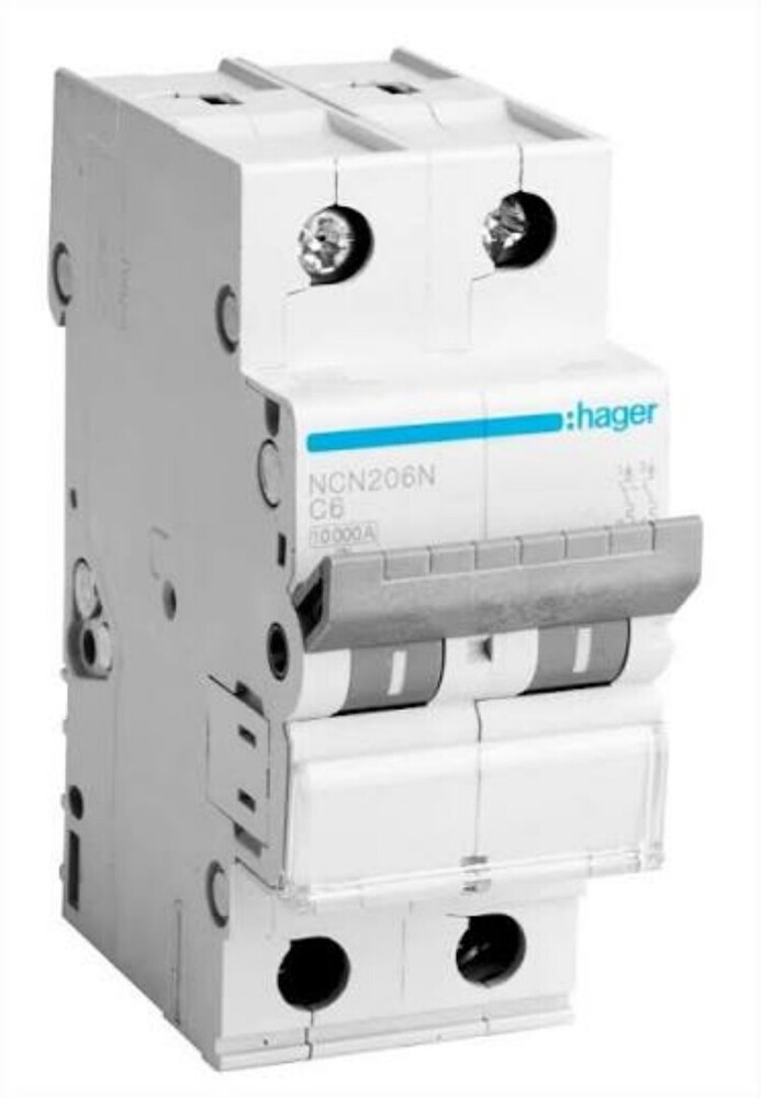 Hager 10a Double Pole MCB - Flame Retardant Plastic, 36mm Width, 10kA Breaking Capacity, Screw Terminal