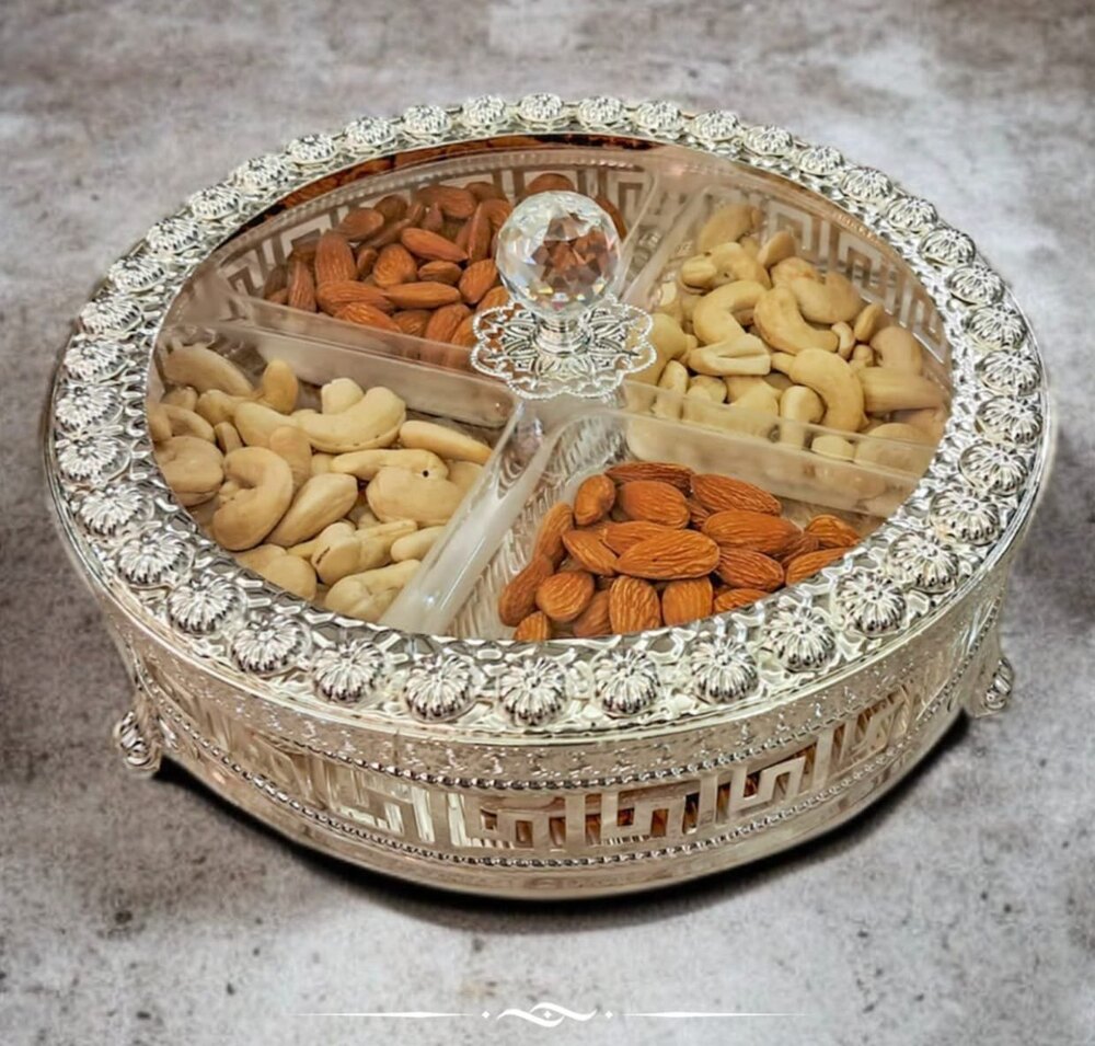Metal Dry Fruit Box - Metal, Medium 8-10 Inch, Silver, Lift-Off Transparent Acrylic Lid, Raised Footed Base, 4 Compartments, Floral Engraving