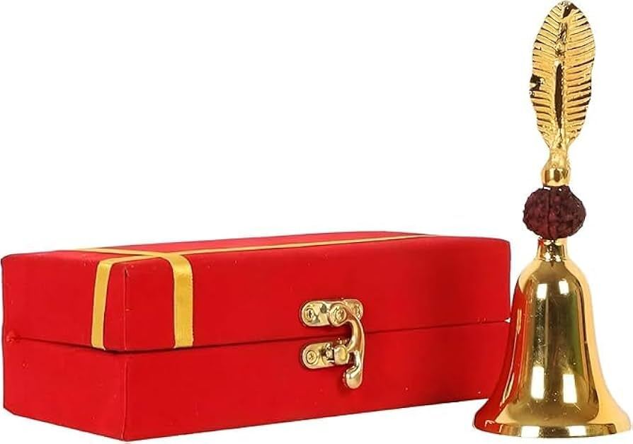Brass Bell - Brass, 10-12 cm Height, Gold with Red Accents | Leaf Handle, Clear Resonant Sound, Gift Boxed Velvet Case