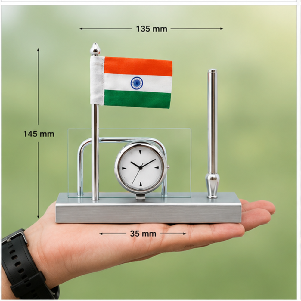 Executive Clock Pen Holder Table Flag Stand