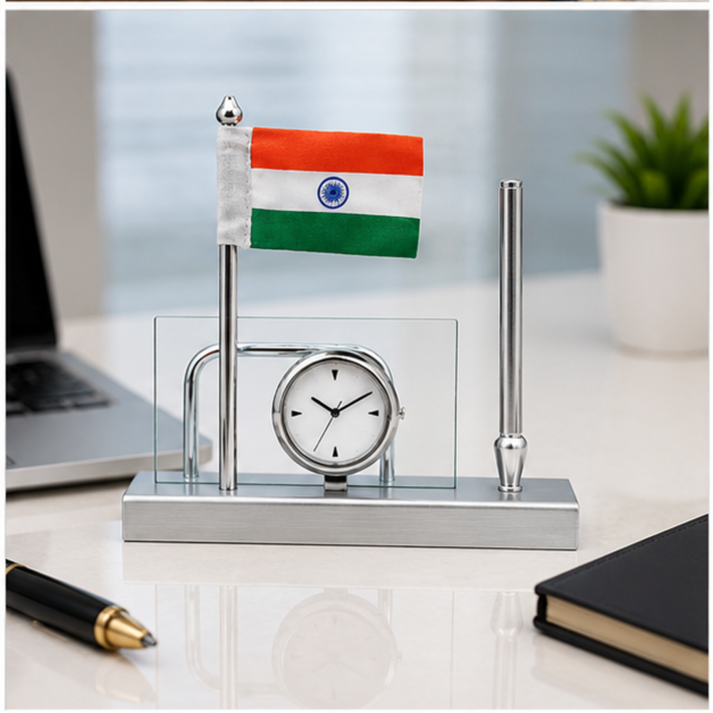 Executive Clock Pen Holder Table Flag Stand