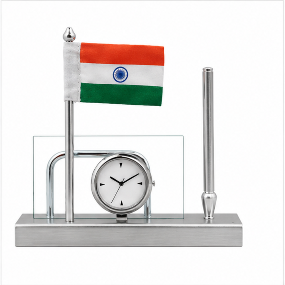 Executive Clock Pen Holder Table Flag Stand