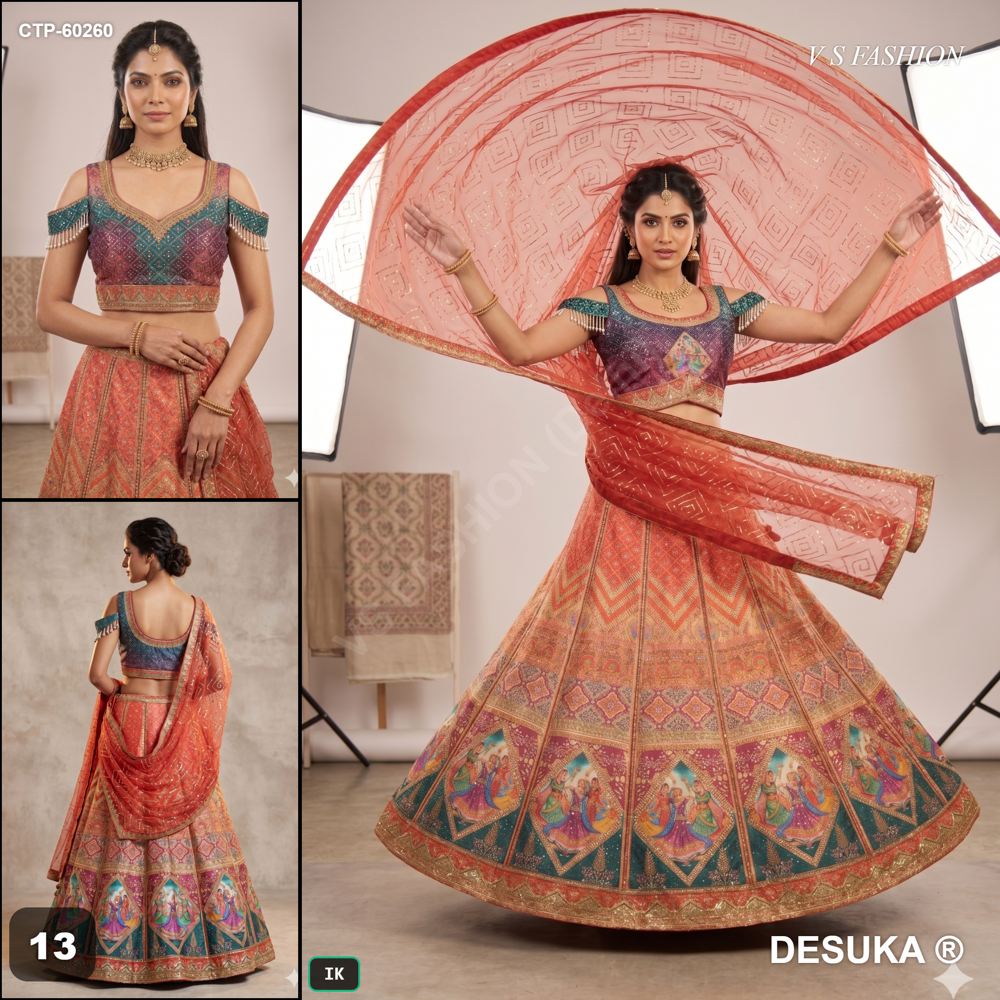 Ctp-60260 Navaratri Special Lehenga Choli - Color: Orange Red