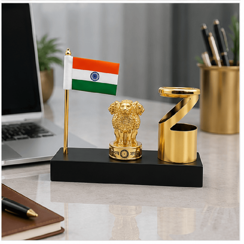 Ashoka Pillar Pen Holder Table Flag Stand
