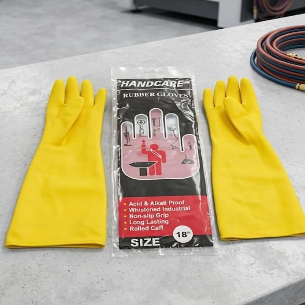 Handcare Rubber Gloves - Pure Latex, Size 10 - 18 Inches, Yellow | Full Finger, Plain Pattern, Rubber Cuff, Interlock Lining, Tear Resistant