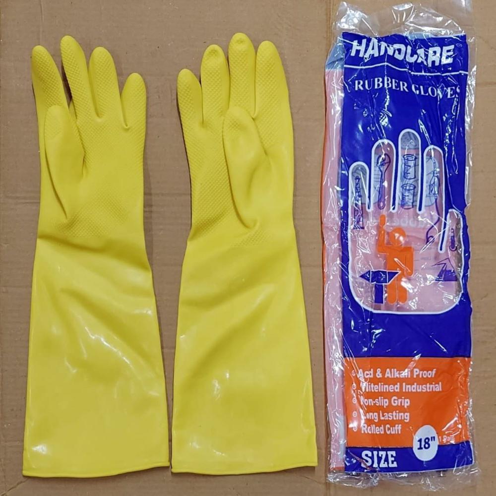 Handcare Rubber Gloves - Pure Latex, Size 10 - 18 Inches, Yellow | Full Finger, Plain Pattern, Rubber Cuff, Interlock Lining, Tear Resistant
