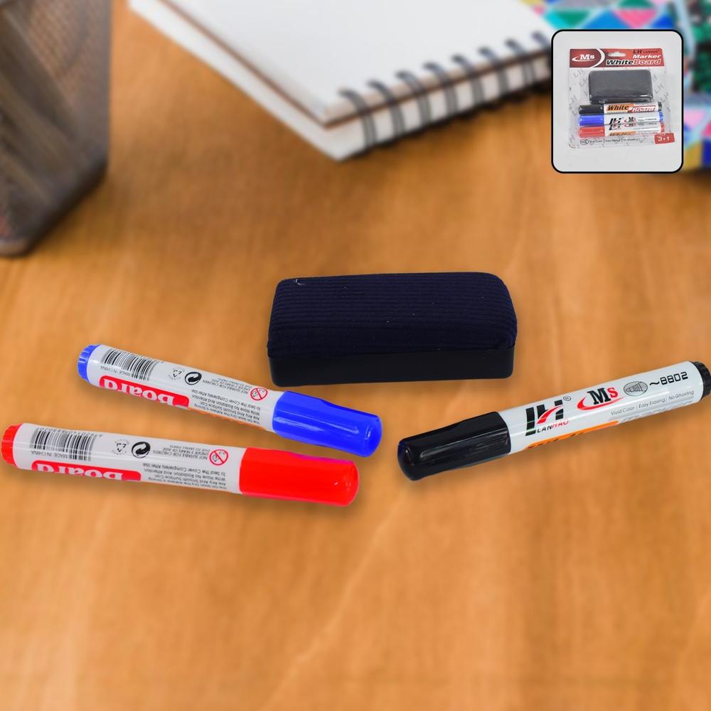 Whiteboard Marker Set (blue, Black, Red) With Board Duster - Plastic Barrel, 15x15x5 Cm, Dry Erase Ink | Air-tight Snap Cap, Non-toxic, Smudge Proof, Low Odor