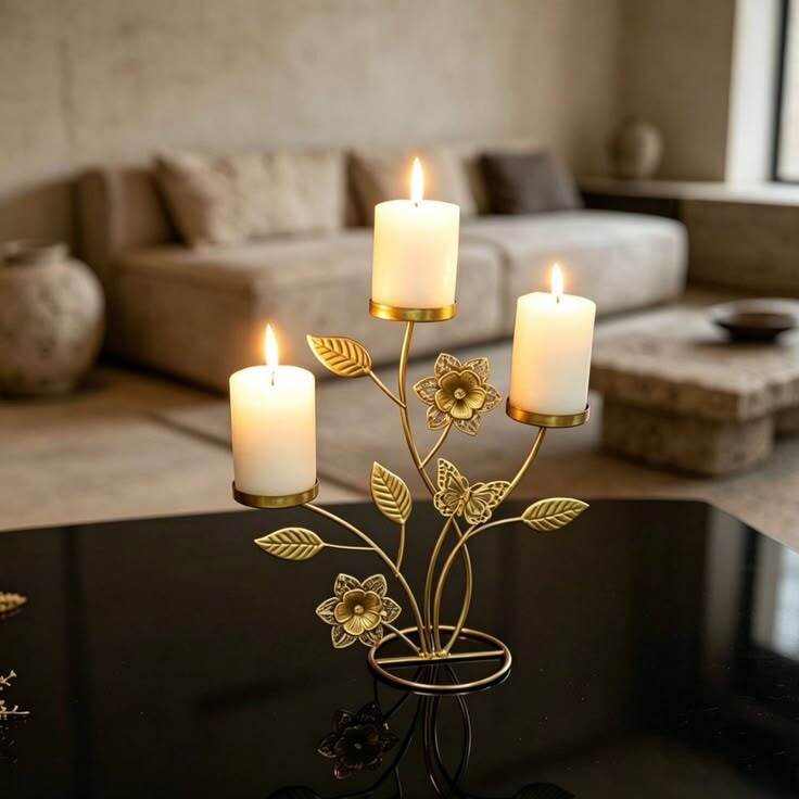 Iron Candle Stand - Wrought Iron, 12x14 Inches, Matte Black Powder-coated, Tri-arm Design With Leaf Accents
