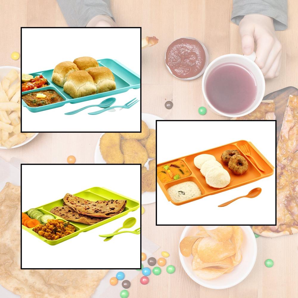 4-Compartment Plastic Dish Set with Spoon & Fork Versatile Dinner & Pav Bhaji Plate