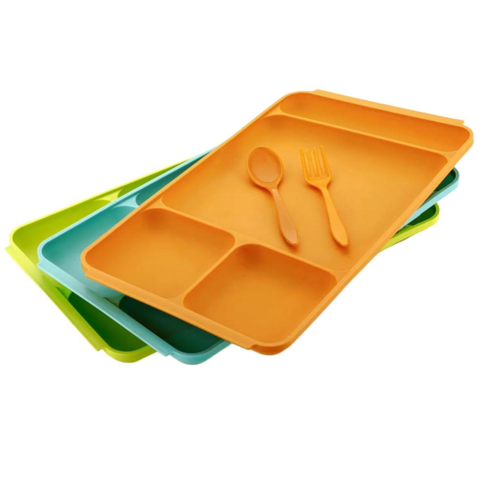 4-Compartment Plastic Dish Set with Spoon & Fork Versatile Dinner & Pav Bhaji Plate