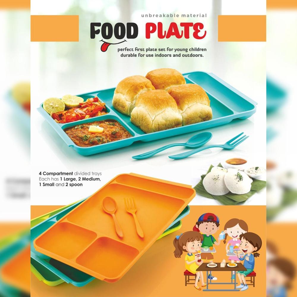 4-Compartment Plastic Dish Set with Spoon & Fork Versatile Dinner & Pav Bhaji Plate