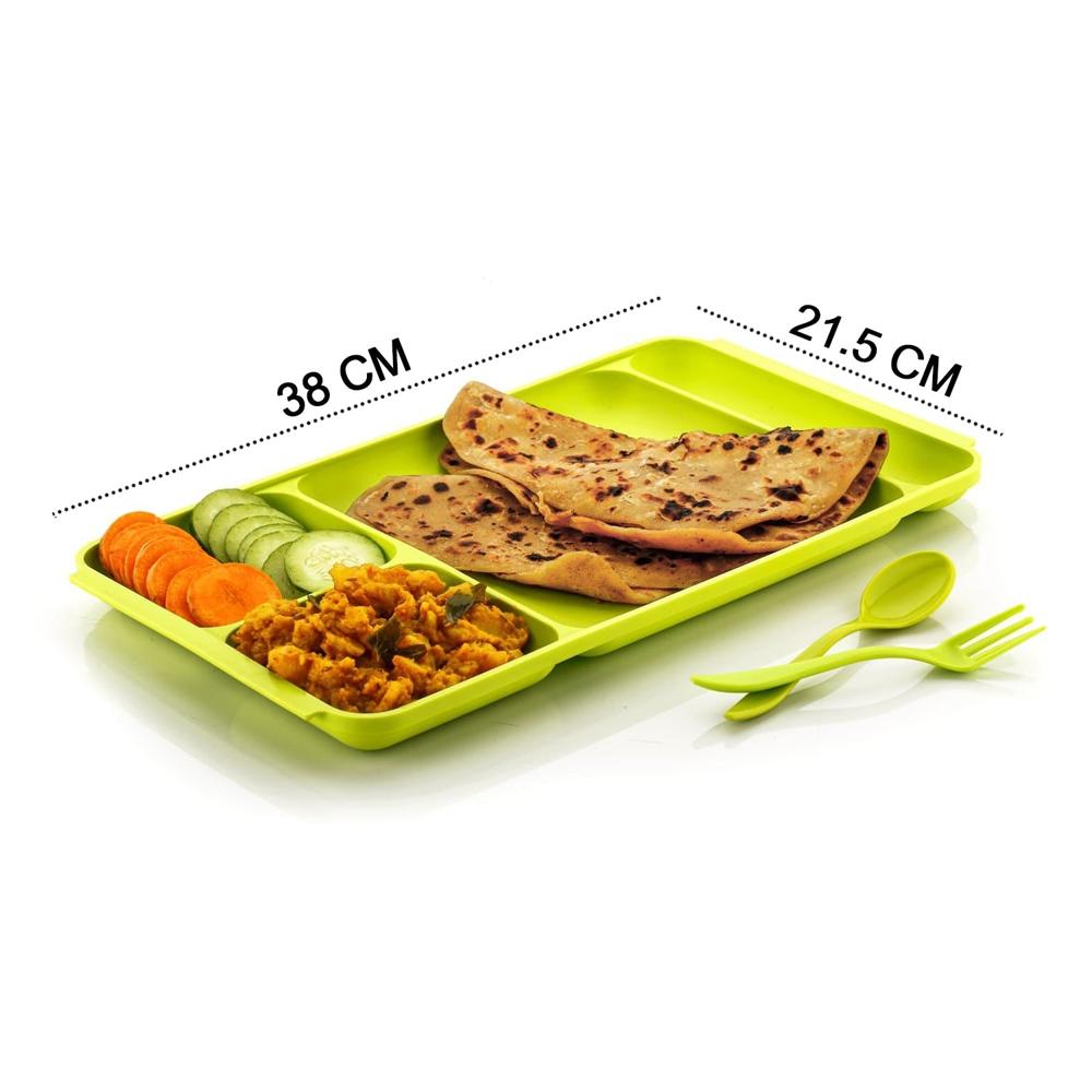 4-Compartment Plastic Dish Set with Spoon & Fork Versatile Dinner & Pav Bhaji Plate