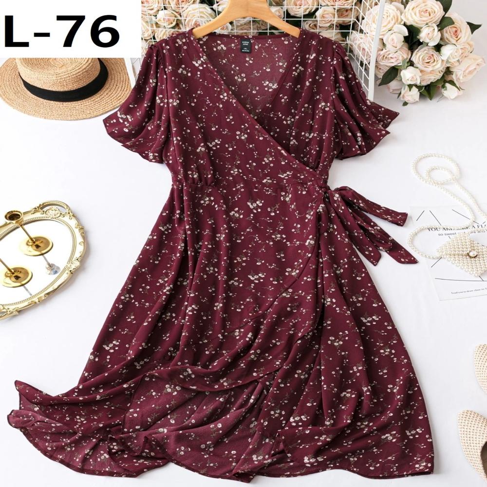 Ladies One Piece Collection - Lightweight Polyester Blend, Dark Green Floral Wrap Dress, Flared Hem With Tie Closure