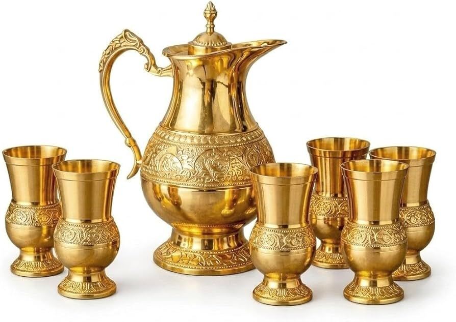 Brass Jug Glass Set - Color: Metalic