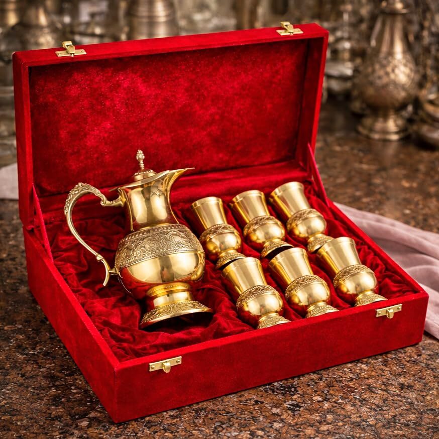 Brass Jug Glases Gift Set - Color: Golden